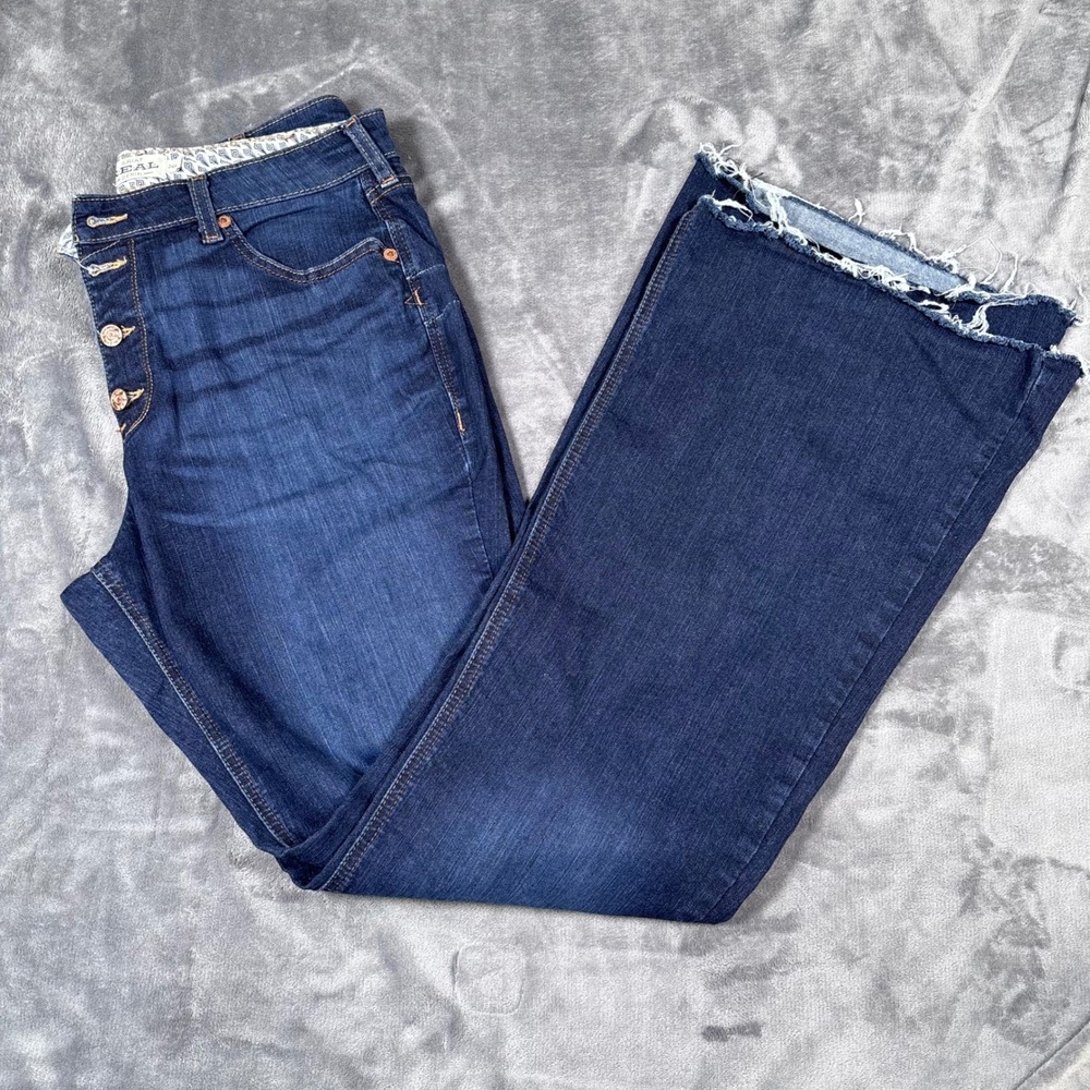 Ariat REAL Denim High Rise Flare Jeans Dark Wash Button Fly Raw Hem Size 34L